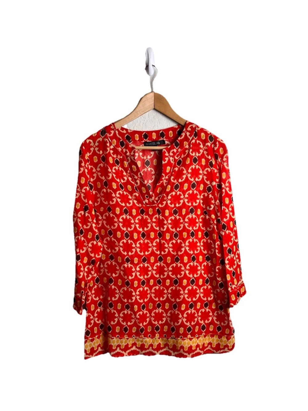 Lafayette 148 New York 6 Cotton Tunic Top Orange Red Yellow Geometric Print VTG